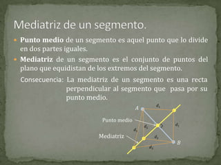  Punto medio de un segmento es aquel punto que lo divide

en dos partes iguales.
 Mediatriz de un segmento es el conjunto de puntos del
plano que equidistan de los extremos del segmento.
Consecuencia: La mediatriz de un segmento es una recta
perpendicular al segmento que pasa por su
punto medio.
d1

A
Punto medio

Mediatriz

d3

d1

d2
d2
d3

B

 