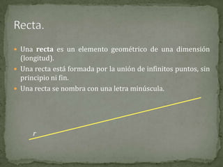  Una recta es un elemento geométrico de una dimensión

(longitud).
 Una recta está formada por la unión de infinitos puntos, sin
principio ni fin.
 Una recta se nombra con una letra minúscula.

r

 
