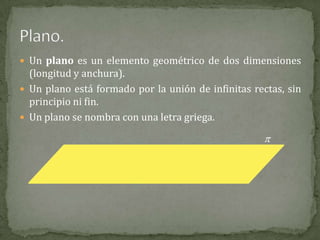  Un plano es un elemento geométrico de dos dimensiones

(longitud y anchura).
 Un plano está formado por la unión de infinitas rectas, sin
principio ni fin.
 Un plano se nombra con una letra griega.



 