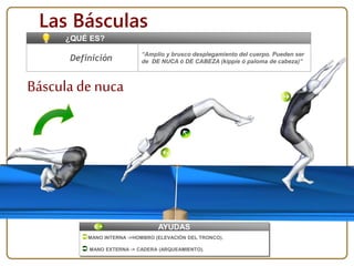 “Amplio y brusco desplegamiento del cuerpo. Pueden ser
de DE NUCA ó DE CABEZA (kippie ó paloma de cabeza)”
¿QUÉ ES?
Las Básculas
Definición
Báscula de nuca
AYUDAS
MANO INTERNA ->HOMBRO (ELEVACIÓN DEL TRONCO).
 MANO EXTERNA -> CADERA (ARQUEAMIENTO).
 