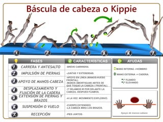 Báscula de cabeza o Kippie
FASES
CARRERA Y ANTESALTO
IMPULSIÓN DE PIERNAS
APOYO DE MANOS-CABEZA
DESPLAZAMIENTO Y
FIJACIÓN DE LA CADERA
EXTENSIÓN DE PIERNAS Y
BRAZOS
CARACTERÍSTICAS AYUDAS
MANO INTERNA ->HOMBRO
 MANO EXTERNA -> CADERA:
1ª FIJANDO
2º ELEVANDO
-BREVE CARRRERA
-JUNTAS Y EXTENDIDAS.
-APOYO EN LÍNEA (MANOS-HUESO
FRONTAL).
-MANOS AMORTIGUAN ANTES DE
QUE TOQUE LA CABEZA ( FRONTAL).
-1º DEJAMOS IR POR DELANTE LA
CABEZA, DESPUÉS FIJAMOS.
-A LA VEZ: MOVIMIENTO EXPLOSIVO.
SUSPENSIÓN O VUELO
-CUERPO EXTENDIDO.
-LA CABEZA MIRA LOS BRAZOS.
RECEPCIÓN -PIES JUNTOS.
Apoyo de manos-cabeza
 