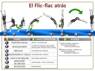 FASES
POSICIÓN INICIAL
DESEQUILIBRIO
IMPULSO
SUSPENSIÓN O VUELO
APOYO DE BRAZOS
CARACTERÍSTICAS AYUDAS
MANO INTERNA ->MUSLOS
(ELEVACION PIERNAS)
CINTURA (PANTALÓN).
 MANO EXTERNA -> OMÓPLATO
(APOYO DE BRAZOS)
HOMBRO (CAMISETA).
-DE PIE Y DE ESPALDAS
-FLEXIÓN DE PIERNAS (SENTARSE).
-DEJAR CAER TRONCO HACIA ATRÁS.
-EXTENSIÓN DE PIERNAS.
-EXTENSIÓN DEL CUERPO.
-EQUILIBRIO INVERTIDO.
El Flic-flac atrás
IMPULSIÓN
DE BRAZOS
-SUSPENSIÓN – VUELO (CORVETA).
RECEPCIÓN -EQUILIBRADA.
 