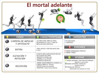 CUANTO MÁS AGRUPADOS MAYOR
VELOCIDAD DE GIRO:
-BRAZOS A RODILLAS.
-BARBILLA AL PECHO.
-TRONCO A MUSLOS.
-PIES JNTOS Y POR DELANTE DEL
C.D.G..
-ÚLTIMO PASO AMPLIO PARA
RETRASAR EL C.D.G. Y QUE EL
IMPULSO SEA VERTICAL.
FASES
El mortal adelante
CARRERA DE IMPULSO
Y ANTESALTO
BATIDA
ELEVACIÓN Y
ROTACIÓN
RECEPCIÓN
CARACTERÍSTICAS
ERRORES
ABRIR DEMASIADO PRONTO
ABRIR TARDE
AYUDAS
 MANO INTERNA: CINTURA-ESTOMAGO
(fijando o como eje)
 MANO EXTERNA: ESPALDA
(ayuda al giro)
 PRESA DE TOALLA:
(Gimnasta con brazos en cruz)
-ABRIR AGRUPAMIENTO CUANDO LA
CABEZA MIRE AL TECHO:
-ANTES:Caída de espaldas.
-DESPUÉS: Caída hacia delante.
VARIANTES
PLANCHADO
CARPADO
 