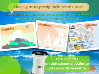 Lluvia y otras precipitaciones Acuosas
Esta ocurre cuando las gotas de agua alcanzan un gran tamaño y ya
       no pueden ser retenidas por la atmosfera se precipitan




                                      Para medir las
                               precipitaciones pluviales se
                                utilizan los Pluviómetros
 