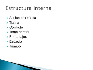  Acción dramática
 Trama
 Conflicto
 Tema central
 Personajes
 Espacio
 Tiempo
 