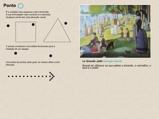 Ponto La Grande Jatte   Georges Seurat Seurat só utilizava na sua paleta o amarelo, o vermelho, o azul e o preto  É a unidade mais pequena e sem dimensão. A sua formulação mais corrente é a redondez. Qualquer ponto tem uma atracção visual. 2 pontos constituem uma sólida ferramenta para a medição de um espaço. Uma série de pontos pode guiar os nossos olhos numa direcção. 