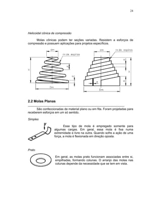 24
Helicoidal cônica de compressão
Molas cônicas podem ter seções variadas. Resistem a esforços de
compressão e possuem aplicações para projetos específicos.
2.2 Molas Planas
São confeccionadas de material plano ou em fita. Foram projetadas para
receberem esforços em um só sentido.
Simples
Esse tipo de mola é empregado somente para
algumas cargas. Em geral, essa mola é fixa numa
extremidade e livre na outra. Quando sofre a ação de uma
força, a mola é flexionada em direção oposta.
Prato
Em geral, as molas prato funcionam associadas entre si,
empilhadas, formando colunas. O arranjo das molas nas
colunas depende da necessidade que se tem em vista.
 