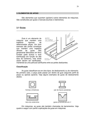 26
3. ELEMENTOS DE APOIO
São elementos que suportam (apóiam) outros elementos de máquinas.
São constituídos por guias e mancais (buchas e rolamentos).
3.1 Guias
Guia é um elemento de
máquina que mantém uma
trajetória rigorosa de
determinadas peças. Um bom
exemplo são portas corrediças
que mantém uma trajetória
através de guias. São
geralmente fabricados em ferro
fundido (pela dureza e auto
lubrificação em função da alta
taxa de Carbono), mas ainda
assim devem ser lubrificadas,
mantendo-se uma película lubrificante entre as partes deslizantes.
Classificação
As guias classificam-se em dois tipos: de deslizamento ou de rolamento.
No primeiro caso, a peça pode passar por dentro da guia (segundo perfil da
peça) ou apenas apoiá-la. Veja alguns exemplos de guias de deslizamento
abaixo.
Em máquinas, as guias são também chamadas de barramentos. Veja
quadro a seguir com perfis e aplicações de guias em máquinas:
 
