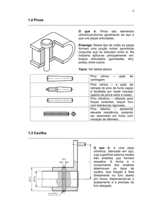 8
1.2 Pinos
O que é: Pinos são elementos
cilíndricos/cônicos geralmente de aço e
que une peças articuladas.
Emprego: Nesse tipo de união as peças
formam uma junção móvel, permitindo
conjuntos que se articulam entre si. Na
indústria aplica-se principalmente em:
braços articulados (guindastes, etc),
portas, entre outros.
Tipos: Ver tabela abaixo.
Pino cônico – ação de
centragem.
Pino cônico – a ação de
retirada do pino de furos cegos
é facilitada por haste roscada
(aperto de porca retira a haste).
Pino cilíndrico – utilizado para
forças cortantes, requer furo
com tolerâncias rigorosas.
Pino elástico – apresenta
elevada resistência, podendo
ser assentado em furos com
variação de diâmetro.
1.3 Cavilha
O que é: é uma peça
cilíndrica, fabricada em aço,
cuja superfície externa recebe
três entalhes que formam
ressaltos. A forma e o
comprimento dos entalhes
determinam os tipos de
cavilha. Sua fixação é feita
diretamente no furo aberto
por broca, dispensando-se o
acabamento e a precisao do
furo alargado.
 