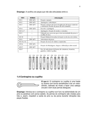 9
Emprego: A cavilha une peças que não são articuladas entre si.
1.4 Contrapino ou cupilha
O que é: O contrapino ou cupilha é uma haste
ou arame com forma semelhante à de um meio-
cilindro, dobrado de modo a fazer uma cabeça
circular e tem duas pernas desiguais.
Emprego: Introduz-se o contrapino ou cupilha num furo na extremidade de um
pino ou parafuso com porca castelo. As pernas do contrapino são viradas para
trás e, assim, impedem a saída do pino ou da porca durante vibrações das
peças fixadas.
 
