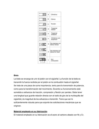 Biela 
La biela se encarga de unir el pistón con el cigüeñal. La función de la biela es 
transmitir la fuerza recibida por el pistón en la combustión hasta el cigüeñal. 
Se trata de una pieza de suma importancia, tanto para la transmisión de potencia, 
como para la transformación del movimiento. Durante su funcionamiento está 
sometida a esfuerzos de tracción, compresión y flexión por pandeo. Debe tener 
una longitud que guarde relación directa con el radio de giro de la muñequilla del 
cigüeñal y la magnitud de los esfuerzos a transmitir. Tiene que ser lo 
suficientemente robusta para que soporte las solicitaciones mecánicas que se 
originan. 
Material empleado en su fabricación 
El material empleado en su fabricación es el acero al carbono aleado con Ni y Cr, 
 