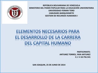 REPÚBLICA BOLIVARIANA DE VENEZUELA
MINISTERIO DEL PODER POPULAR PARA LA EDUCACIÓN UNIVERSITARIA
UNIVERSIDAD FERMIN TORO
CABUDARE-BARQUISIMETO
GESTION DE RECURSOS HUMANOS I
PARTICIPANTE:
ANTUNEZ TORRES, YAIN ANTUNEZ
C.I: V-18.756.541
SAN JOAQUIN, 25 DE JUNIO DE 2014
 