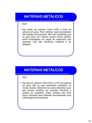 15
MATERIAIS METÁLICOS
AÇO:
 Aço médio em carbono. Entre 0,25% e 0,6% de
carbono em peso. Para melhorar suas propriedades
são tratados termicamente. São mais resistentes que
os aços baixo em carbono, porém menos dúcteis,
sendo empregados em peças de engenharia que
requerem uma alta resistência mecânica e ao
desgaste.
MATERIAIS METÁLICOS
AÇO:
 Aço alto em carbono. Entre 0,6% e 2,0% de carbono
em peso. São os mais resistentes, entretanto, os
menos dúcteis. Adicionam-se outros elementos para
que formem carbetos, por exemplo, formando o
carbeto de tungstênio. Estes carbetos são mais
duros, formando aços utilizados principalmente para
a fabricação de ferramentas.
 