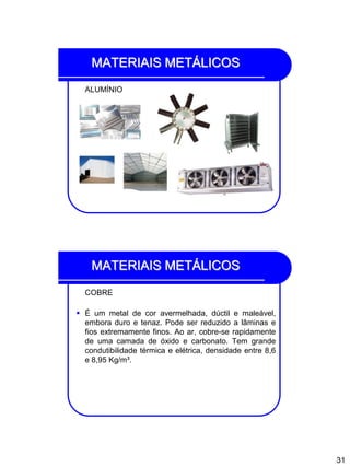 31
MATERIAIS METÁLICOS
ALUMÍNIO
MATERIAIS METÁLICOS
COBRE
 É um metal de cor avermelhada, dúctil e maleável,
embora duro e tenaz. Pode ser reduzido a lâminas e
fios extremamente finos. Ao ar, cobre-se rapidamente
de uma camada de óxido e carbonato. Tem grande
condutibilidade térmica e elétrica, densidade entre 8,6
e 8,95 Kg/m³.
 