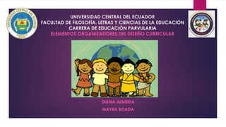 UNIVERSIDAD CENTRAL DEL ECUADOR
FACULTAD DE FILOSOFÍA, LETRAS Y CIENCIAS DE LA EDUCACIÓN
CARRERA DE EDUCACIÓN PARVULARIA
ELEMENTOS ORGANIZADORES DEL DISEÑO CURRICULAR
INTEGRANTES:
DIANA ALMEIDA
MAYRA BOADA
 