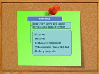 FAMILIAS
Exposición sobre qué son las
Tertulias dialógicas literarias
- Espacios
- Horarios
- Lecturas seleccionadas
- Voluntariedad/disponibilidad
- Dudas y preguntas