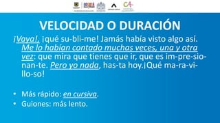 VELOCIDAD O DURACIÓN
¡Vaya!, ¡qué su-bli-me! Jamás había visto algo así.
Me lo habían contado muchas veces, una y otra
vez: que mira que tienes que ir, que es im-pre-sio-
nan-te. Pero yo nada, has-ta hoy.¡Qué ma-ra-vi-
llo-so!
• Más rápido: en cursiva.
• Guiones: más lento.
 