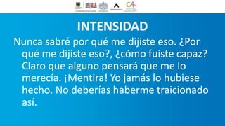 INTENSIDAD
Nunca sabré por qué me dijiste eso. ¿Por
qué me dijiste eso?, ¿cómo fuiste capaz?
Claro que alguno pensará que me lo
merecía. ¡Mentira! Yo jamás lo hubiese
hecho. No deberías haberme traicionado
así.
 