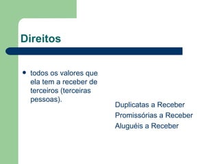 Direitos todos os valores que ela tem a receber de terceiros (terceiras pessoas). Duplicatas a Receber Promissórias a Receber Aluguéis a Receber 