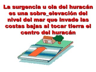 La surgencia u ola del huracánLa surgencia u ola del huracán
es una sobre_elevación deles una sobre_elevación del
nivel del mar que invade lasnivel del mar que invade las
costas bajas al tocar tierra elcostas bajas al tocar tierra el
centro del huracáncentro del huracán
 