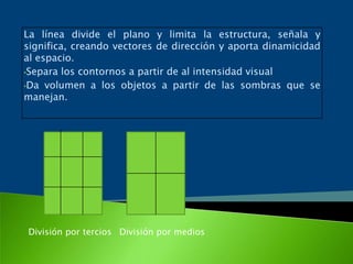 El punto central estabiliza , al ser el punto geométrico del espacio, la composición se equilibra.Si se ubica desplazado del centro produce un efecto dinamizador y se relaciona con otro elemento de la imagen para crear un equilibrio visual.Si hay ubicados dos puntos estos crean un vector de conexión, generando tensión en el espacio.