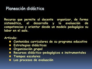 Planeación didáctica
Recurso que permite al docente organizar, de forma
sistemática, el desarrollo y la evaluación de
comp...