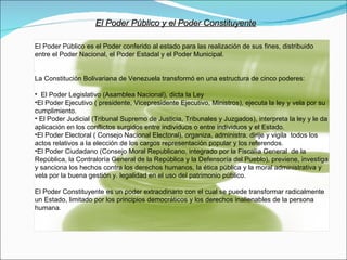 El Poder Público y el Poder Constituyente El Poder Público es el Poder conferido al estado para las realización de sus fines, distribuido entre el Poder Nacional, el Poder Estadal y el Poder Municipal. La Constitución Bolivariana de Venezuela transformó en una estructura de cinco poderes:  El Poder Legislativo (Asamblea Nacional), dicta la Ley El Poder Ejecutivo ( presidente, Vicepresidente Ejecutivo, Ministros), ejecuta la ley y vela por su cumplimiento. El Poder Judicial (Tribunal Supremo de Justicia, Tribunales y Juzgados), interpreta la ley y le da aplicación en los conflictos surgidos entre individuos o entre individuos y el Estado. El Poder Electoral ( Consejo Nacional Electoral), organiza, administra, dirije y vigila  todos los actos relativos a la elección de los cargos representación popular y los referendos. El Poder Ciudadano (Consejo Moral Republicano, integrado por la Fiscalía General  de la República, la Contraloría General de la República y la Defensoría del Pueblo), previene, investiga y sanciona los hechos contra los derechos humanos, la ética pública y la moral administrativa y vela por la buena gestión y. legalidad en el uso del patrimonio público. El Poder Constituyente es un poder extraodinario con el cual se puede transformar radicalmente un Estado, limitado por los principios democráticos y los derechos inalienables de la persona humana. 