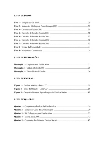 LISTA DE FOTOS


Foto 1 – Eleições do GE 2005 .................................................................................................25
Foto 2 – Ícones dos Módulos de Aprendizagem 2005 ............................................................30
Foto 3 – Cartazes dos Ícones 2002 .........................................................................................30
Foto 4 – Cantinho de Estudos Sociais 2004 ...........................................................................32
Foto 5 – Cantinho de Estudos Sociais 2005 ...........................................................................32
Foto 6 – Cantinho de Estudos Sociais 2002 ...........................................................................32
Foto 7 – Cantinho de Estudos Sociais 2005 ...........................................................................32
Foto 8 – Croqui da Comunidade .............................................................................................33
Foto 9 – Maquete da Comunidade ..........................................................................................34


LISTA DE ILUSTRAÇÕES


Ilustração 1 – Logomarca da Escola Ativa ............................................................................23
Ilustração 2 - Cédula Eleitoral 2005 .....................................................................................25
Ilustração 3 – Título Eleitoral Escolar ...................................................................................26


LISTA DE FIGURAS


Figura 1 – Final de Módulo – Letra “C” .................................................................................28
Figura 2 – Início de Módulo – Letra “A” ..............................................................................28
Figura 3 – Os quatro Guias de Aprendizagem de Estudos Sociais .......................................47


LISTA DE QUADROS


Quadro 1 – Componentes Básicos da Escola Ativa ...............................................................24
Quadro 2 – Ícones dos Guias de Aprendizagem ....................................................................29
Quadro 3 – Kit Pedagógico para Escola Ativa ......................................................................35
Quadro 4 – Escola Ativa 2006.................................................................................................42
Quadro 5 – Conteúdos dos Guias de Estudos Sociais ...........................................................45
 
