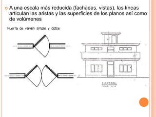 A una escala más reducida (fachadas, vistas), las líneas
articulan las aristas y las superficies de los planos así como
de volúmenes
 
