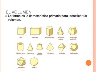 EL VOLUMEN
 La forma es la característica primaria para identificar un
volumen.
 