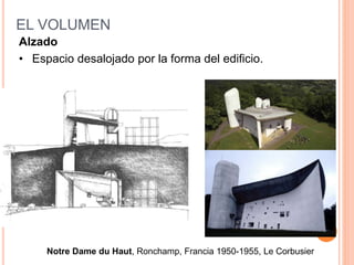 EL VOLUMEN
Alzado
• Espacio desalojado por la forma del edificio.
Notre Dame du Haut, Ronchamp, Francia 1950-1955, Le Corbusier
 