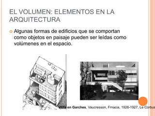 EL VOLUMEN: ELEMENTOS EN LA
ARQUITECTURA
 Algunas formas de edificios que se comportan
como objetos en paisaje pueden ser leídas como
volúmenes en el espacio.
Villla en Garches, Vaucresson, Frnacia, 1926-1927, Le Corbus
 