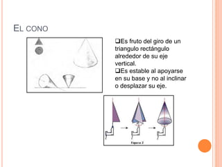EL CONO
Es fruto del giro de un
triangulo rectángulo
alrededor de su eje
vertical.
Es estable al apoyarse
en su base y no al inclinar
o desplazar su eje.
 
