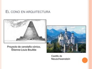 EL CONO EN ARQUITECTURA
Proyecto de cenotafio cónico,
Étienne-Louis Boullée
Castillo de
Neuschwanstein
 