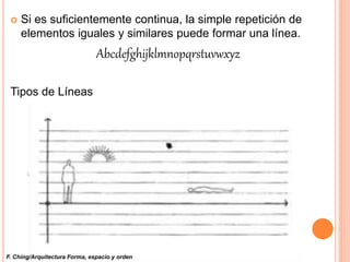  Si es suficientemente continua, la simple repetición de
elementos iguales y similares puede formar una línea.
Abcdefghijklmnopqrstuvwxyz
Tipos de Líneas
F. Ching/Arquitectura Forma, espacio y orden
 