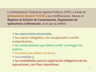 La Administración Federal de Ingresos Públicos (AFIP), a través de
la Resolución General 1415/03 y sus modificaciones, dispuso el
Régimen de Emisión de Comprobantes, Registración de
operaciones e Información, en el que se definen:
• las operaciones alcanzadas,
• los sujetos obligados y los exceptuados a emitir
comprobantes,
• los comprobantes que deben emitir y entregar los
sujetos,
• los datos que deben contener,
• sus medidas y,
• las modalidades para la registración obligatoria de las
operaciones, con fines impositivos.
15
 