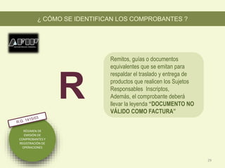 RÉGIMEN DE
EMISIÓN DE
COMPROBANTES Y
REGISTRACIÓN DE
OPERACIONES
Remitos, guías o documentos
equivalentes que se emitan para
respaldar el traslado y entrega de
productos que realicen los Sujetos
Responsables Inscriptos,
Además, el comprobante deberá
llevar la leyenda “DOCUMENTO NO
VÁLIDO COMO FACTURA”
¿ CÓMO SE IDENTIFICAN LOS COMPROBANTES ?
R
29
 