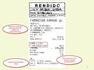 45
Precio final con I.V.A.
incluido, a la tasa
correspondienteLogotipo del Controlador
Fiscal
Ticket que sustituye a
una Factura tipo “B”
emitida a un
Consumidor Final
 