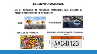 ELEMENTO MATERIAL
Es el conjunto de recursos materiales que ayudan al
mejor desarrollo de la circulación
VÍAS VEHÍCULOS
SEÑALES DE TRANSITO ELEMENTO DE IDENTIFICACIÓN VEHICULAR
 