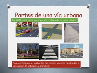 Partes de una vía urbana
CALZADA: es la parte pavimentada o afirmada de la vía pública
Comprendida entre los bordes del camino y aceras destinadas a
Circulación de vehículos y animales.
 
