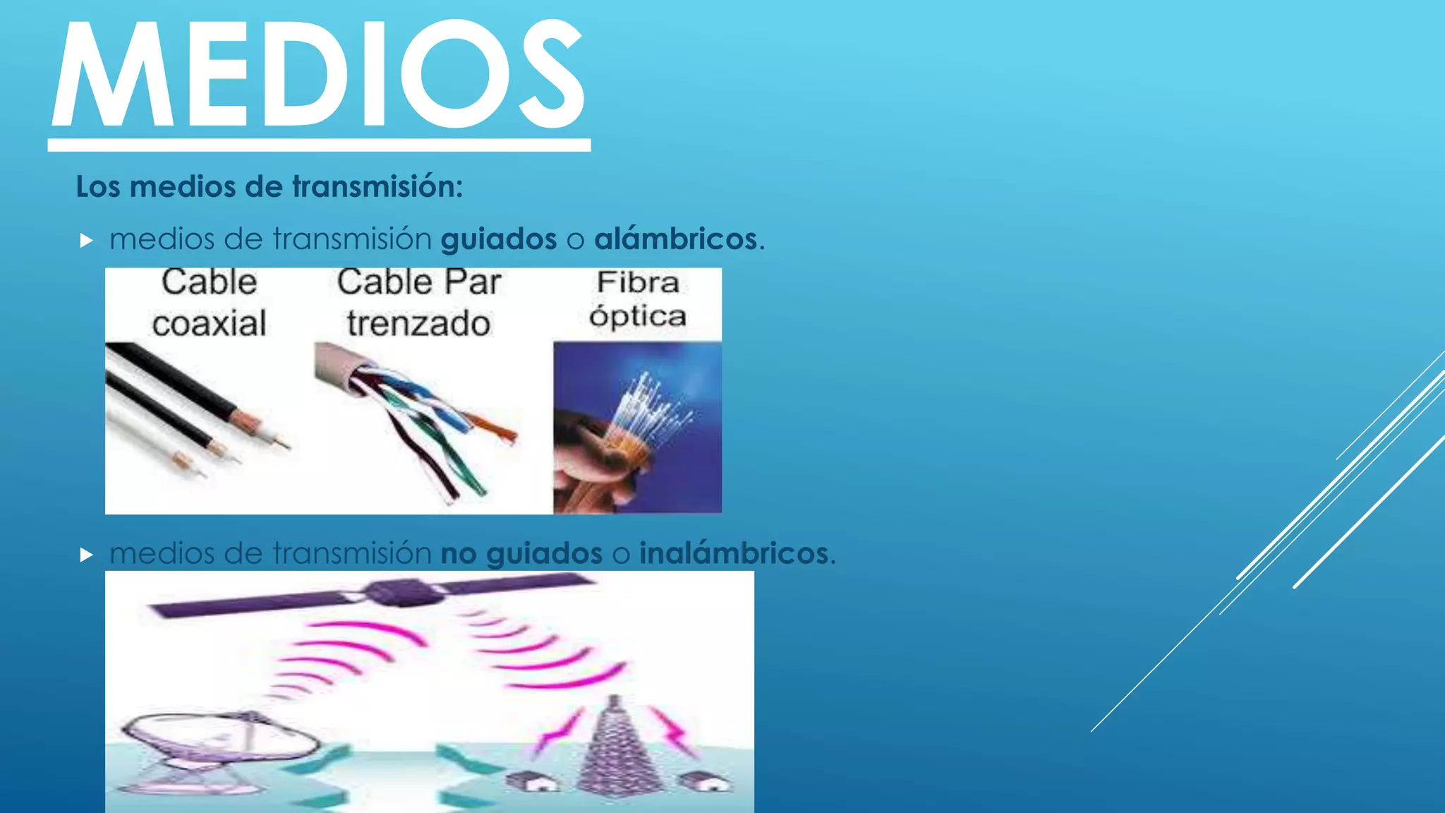 MEDIOSLos medios de transmisión:
 medios de transmisión guiados o alámbricos.
 medios de transmisión no guiados o inalámbricos.
 