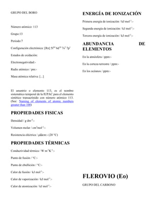 GRUPO DEL BORO
Número atómico: 113
Grupo:13
Periodo:7
Configuración electrónica: [Rn] 5f14
6d10
7s2
7p1
Estados de oxidación:
Electronegatividad:-
Radio atómico / pm:-
Masa atómica relativa: [...]
El ununtrio o elemento 113, es el nombre
sistemático temporal de la IUPAC para el elemento
sintético transactínido con número atómico 113.
(See: Naming of elements of atomic numbers
greater than 100)
PROPIEDADES FISICAS
Densidad / g dm-3
:-
Volumen molar / cm3
mol-1
:-
Resistencia eléctrica / μΩcm:- (20 °C)
PROPIEDADES TÉRMICAS
Conductividad térmica / W m-1
K-1
:-
Punto de fusión / °C:-
Punto de ebullición / °C:-
Calor de fusión / kJ mol-1
:-
Calor de vaporización / kJ mol-1
:-
Calor de atomización / kJ mol-1
:-
ENERGÍA DE IONIZACIÓN
Primera energía de ionización / kJ mol-1
:-
Segunda energía de ionización / kJ mol-1
:-
Tercera energía de ionización / kJ mol-1
:-
ABUNDANCIA DE
ELEMENTOS
En la atmósfera / ppm:-
En la corteza terrestre / ppm:-
En los océanos / ppm:-
FLEROVIO (Eo)
GRUPO DEL CARBONO
 