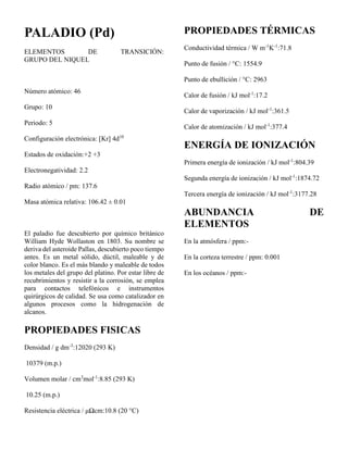PALADIO (Pd)
ELEMENTOS DE TRANSICIÓN:
GRUPO DEL NIQUEL
Número atómico: 46
Grupo: 10
Periodo: 5
Configuración electrónica: [Kr] 4d10
Estados de oxidación:+2 +3
Electronegatividad: 2.2
Radio atómico / pm: 137.6
Masa atómica relativa: 106.42 ± 0.01
El paladio fue descubierto por químico británico
William Hyde Wollaston en 1803. Su nombre se
deriva del asteroide Pallas, descubierto poco tiempo
antes. Es un metal sólido, dúctil, maleable y de
color blanco. Es el más blando y maleable de todos
los metales del grupo del platino. Por estar libre de
recubrimientos y resistir a la corrosión, se emplea
para contactos telefónicos e instrumentos
quirúrgicos de calidad. Se usa como catalizador en
algunos procesos como la hidrogenación de
alcanos.
PROPIEDADES FISICAS
Densidad / g dm-3
:12020 (293 K)
10379 (m.p.)
Volumen molar / cm3
mol-1
:8.85 (293 K)
10.25 (m.p.)
Resistencia eléctrica / μΩcm:10.8 (20 °C)
PROPIEDADES TÉRMICAS
Conductividad térmica / W m-1
K-1
:71.8
Punto de fusión / °C: 1554.9
Punto de ebullición / °C: 2963
Calor de fusión / kJ mol-1
:17.2
Calor de vaporización / kJ mol-1
:361.5
Calor de atomización / kJ mol-1
:377.4
ENERGÍA DE IONIZACIÓN
Primera energía de ionización / kJ mol-1
:804.39
Segunda energía de ionización / kJ mol-1
:1874.72
Tercera energía de ionización / kJ mol-1
:3177.28
ABUNDANCIA DE
ELEMENTOS
En la atmósfera / ppm:-
En la corteza terrestre / ppm: 0.001
En los océanos / ppm:-
 