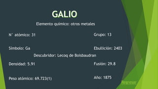 Regresar
Elemento químico: otros metales
N° atómico: 31 Grupo: 13
Símbolo: Ga
Densidad: 5.91
Peso atómico: 69.723(1)
Ebullición: 2403
Fusión: 29.8
Descubridor: Lecoq de Boisbaudran
Año: 1875
 
