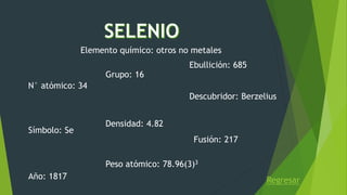 Regresar
Descubridor: Berzelius
Peso atómico: 78.96(3)3
N° atómico: 34
Símbolo: Se
Densidad: 4.82
Año: 1817
Grupo: 16
Ebullición: 685
Fusión: 217
Elemento químico: otros no metales
 
