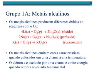 Grupo 1A: Metais alcalinos
• Os metais alcalinos produzem diferentes óxidos ao
reagirem com o O2:
4Li(s) + O2(g)  2Li2O(s) (óxido)
2Na(s) + O2(g)  Na2O2(s)(peróxido)
K(s) + O2(g)  KO2(s) (superóxido)
• Os metais alcalinos emitem cores características
quando colocados em uma chama à alta temperatura.
• O elétron s é excitado por uma chama e emite energia
quando retorna ao estado fundamental.
 