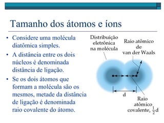 Tamanho dos átomos e íons
• Considere uma molécula
diatômica simples.
• A distância entre os dois
núcleos é denominada
distância de ligação.
• Se os dois átomos que
formam a molécula são os
mesmos, metade da distância
de ligação é denominada
raio covalente do átomo.
 