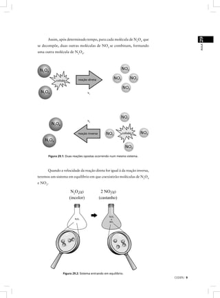 29
      Assim, após determinado tempo, para cada molécula de N2O4 que




                                                                                       AULA
se decompõe, duas outras moléculas de NO2 se combinam, formando
uma outra molécula de N2O4.




           colisão         reação direta



                                 v1




                                 v2



                           reação inversa                  colisão




      Figura 29.1: Duas reações opostas ocorrendo num mesmo sistema.



      Quando a velocidade da reação direta for igual à da reação inversa,
teremos um sistema em equilíbrio em que coexistirão moléculas de N2O4
e NO2.

                      N2O4(g)                2 NO2(g)
                     (incolor)              (castanho)




                Figura 29.2: Sistema entrando em equilíbrio.
                                                                            CEDERJ 9
 