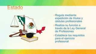 Regula mediante
expedición de títulos y
cédulas profesionales
Realiza su función a
través de la Ley General
de Profesiones
Establece los requisitos
para el ejercicio
profesional
 