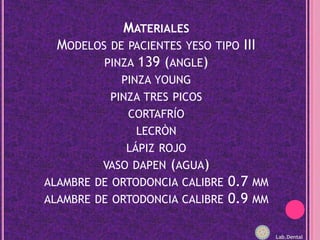 MaterialesModelos de pacientes yeso tipo IIIpinza 139 (angle)pinza youngpinza tres picoscortafríolecrònlápiz rojovaso dapen (agua)alambre de ortodoncia calibre 0.7 mm alambre de ortodoncia calibre 0.9 mm Lab.Dental